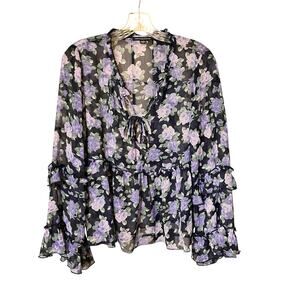 American Eagle Outfitters Black Floral Ruffle Trim Peasant Blouse M